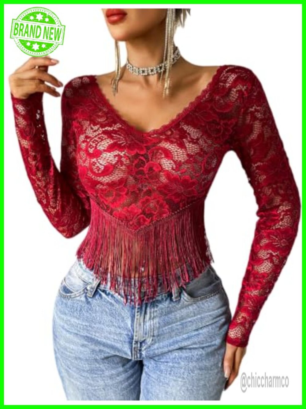 Sheer Lace Crop Top V Neck Long Sleeve Fringe Hem